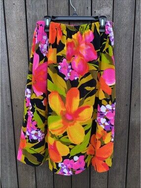 Vtg 1960’s Handmade Psychedlic Neon Flowers Terry Cloth Midi Skirt Elastic Waist